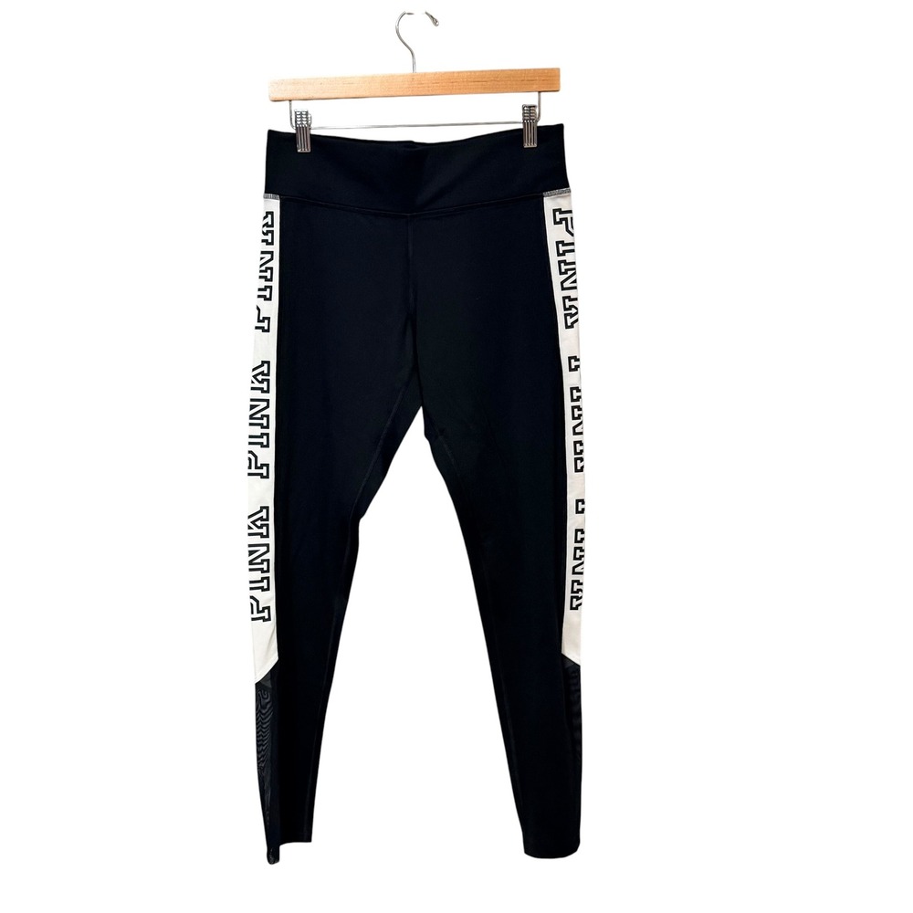 Pink Victoria's Secret Ultimate Leggings Black White Logo Tape Mesh Medium